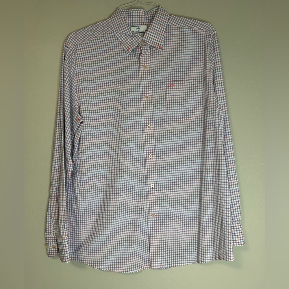 Southern Tide Blue and Red Casual Button Down Shirt, Size L